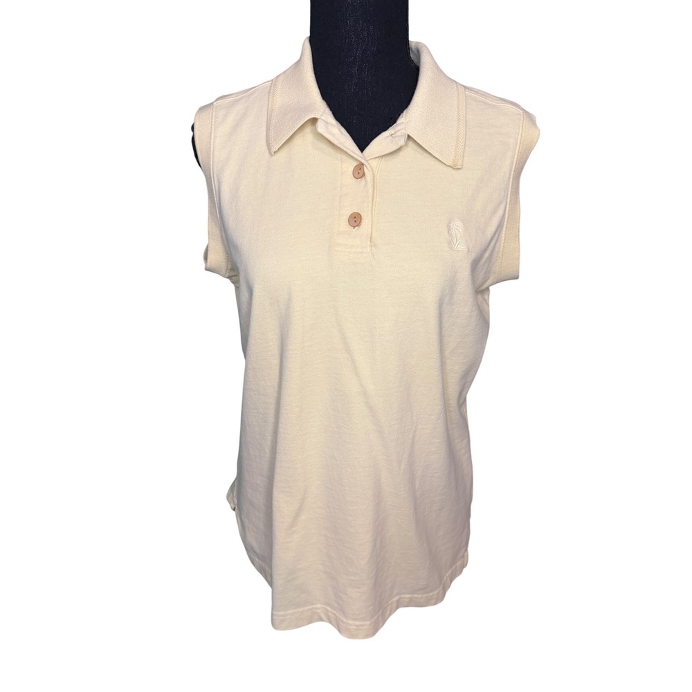 Original Island Sport Womens Sleeveless Polo Shirt Cream Yellow Palm Tree Large